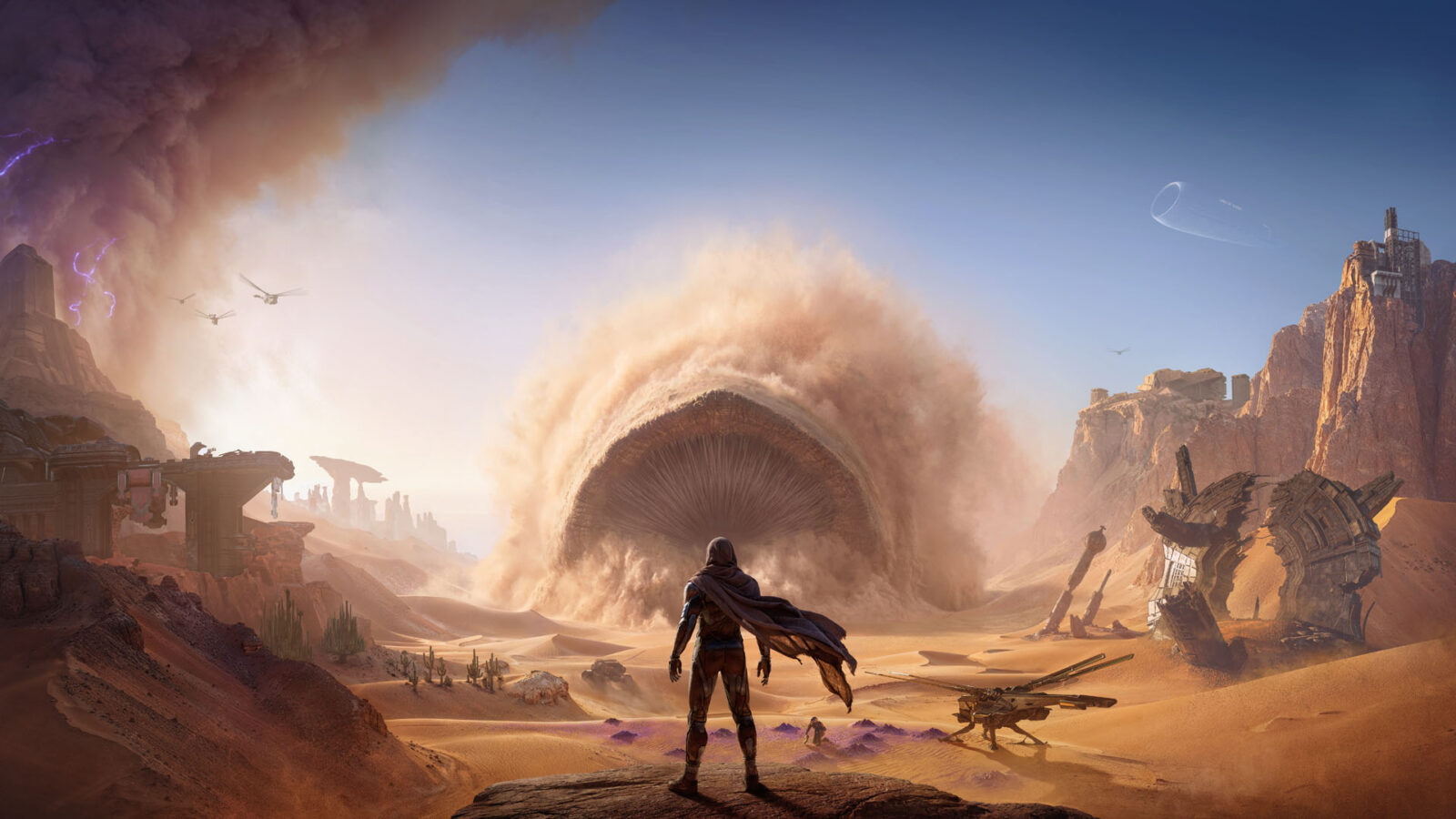 Lone traveller on a rock ledge facing a colossal sandworm vortex above the dunes of Arrakis