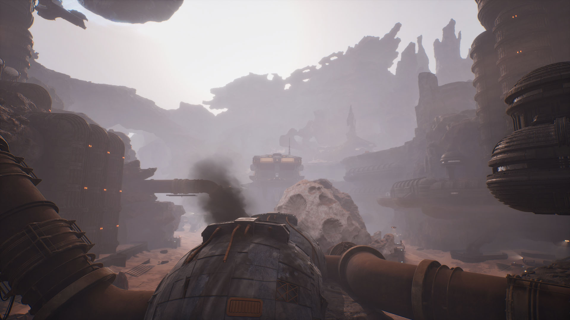 Industrial canyon with pipelines and towers on Arrakis
