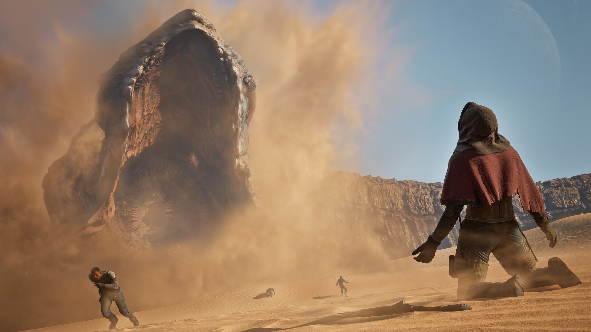 Hooded traveller facing a towering sandstorm-worn structure in the deep desert