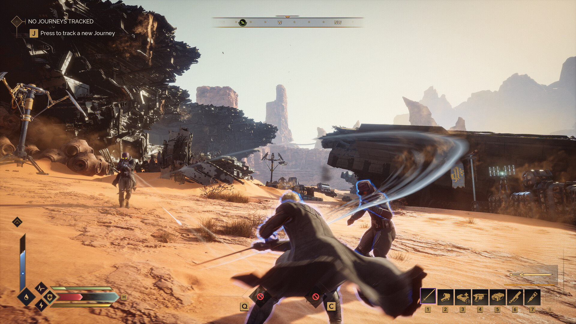 Player fighting scavengers beside a crashed spacecraft in the Arrakis desert