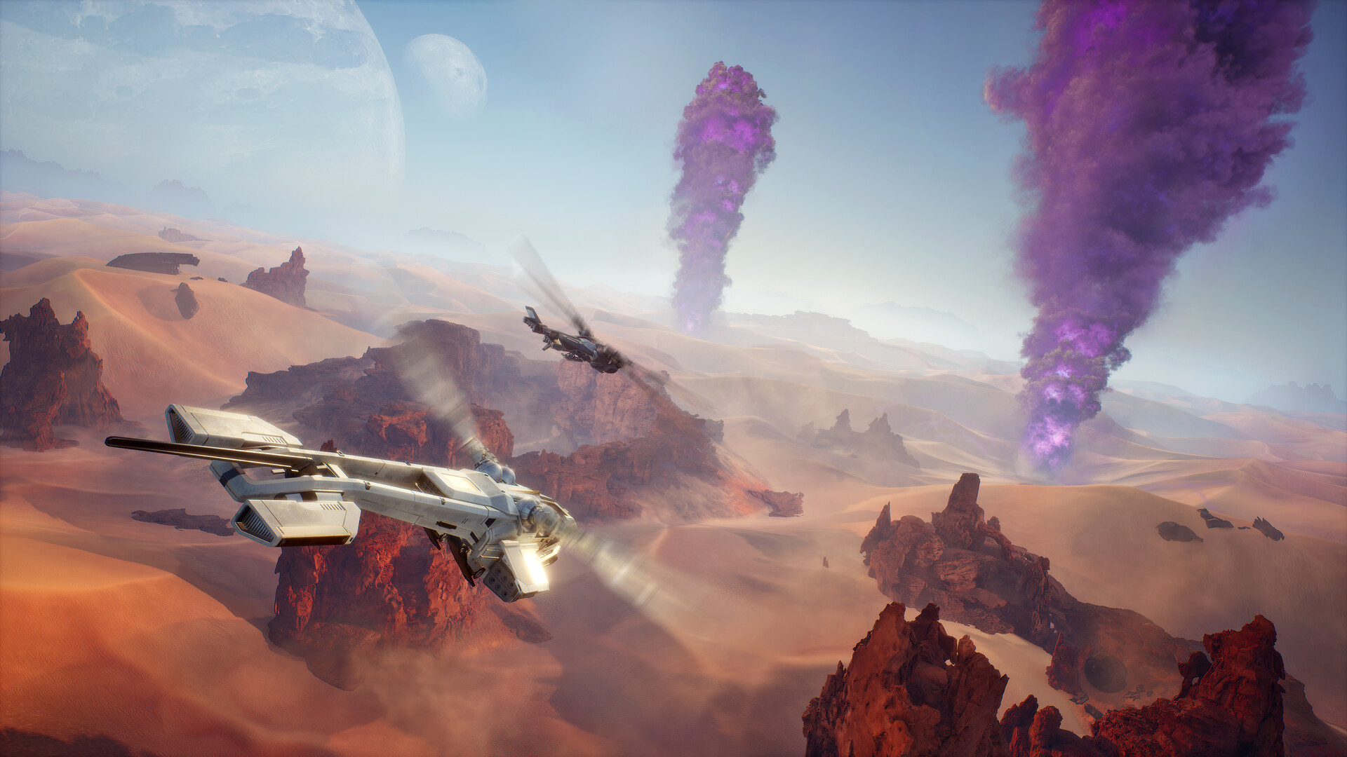 Ornithopter flying over the desert with two moons above the rock spires of Arrakis