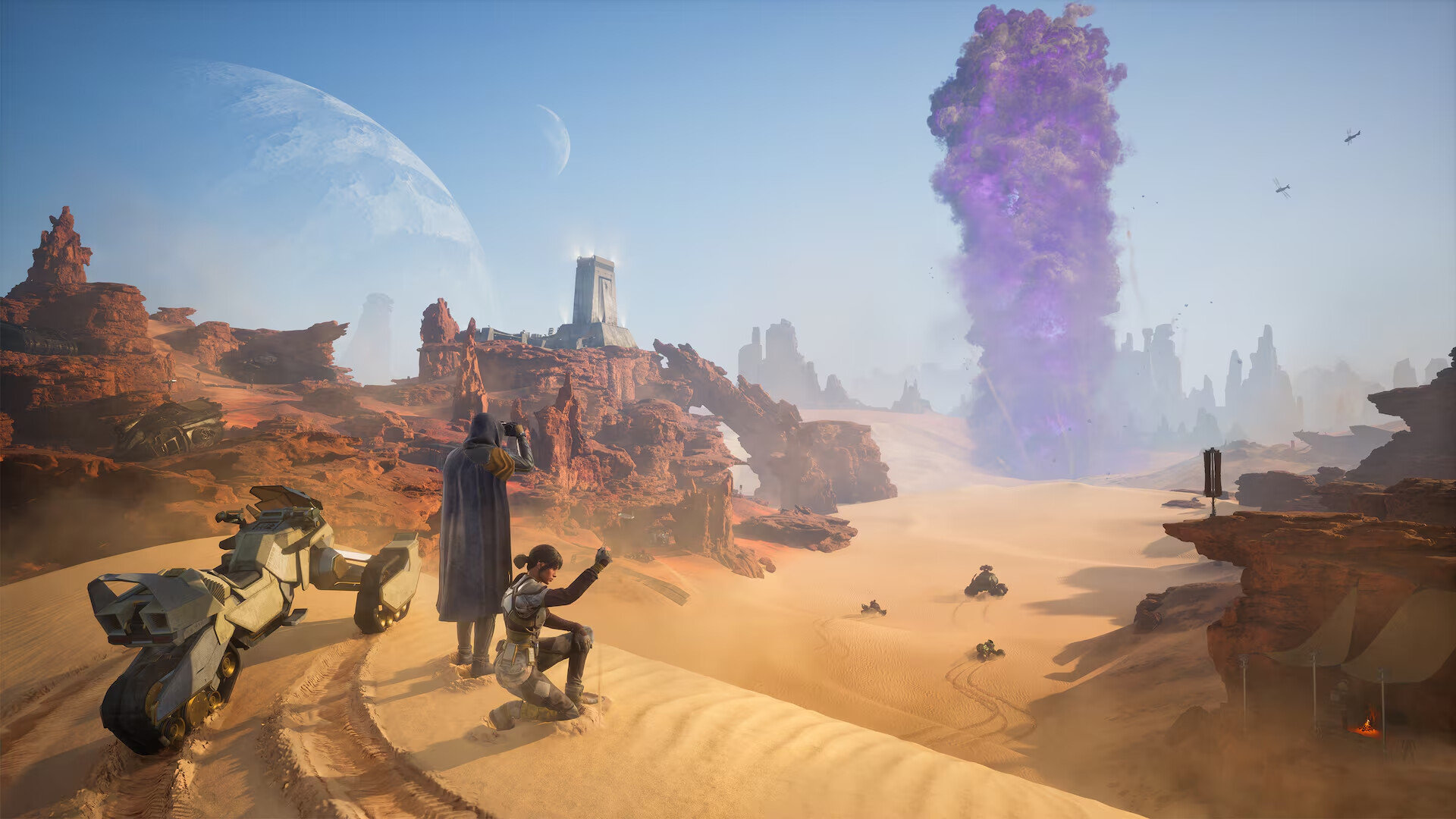 Two survivors and a hoverbike overlooking dunes and mesas on Arrakis under a large planet